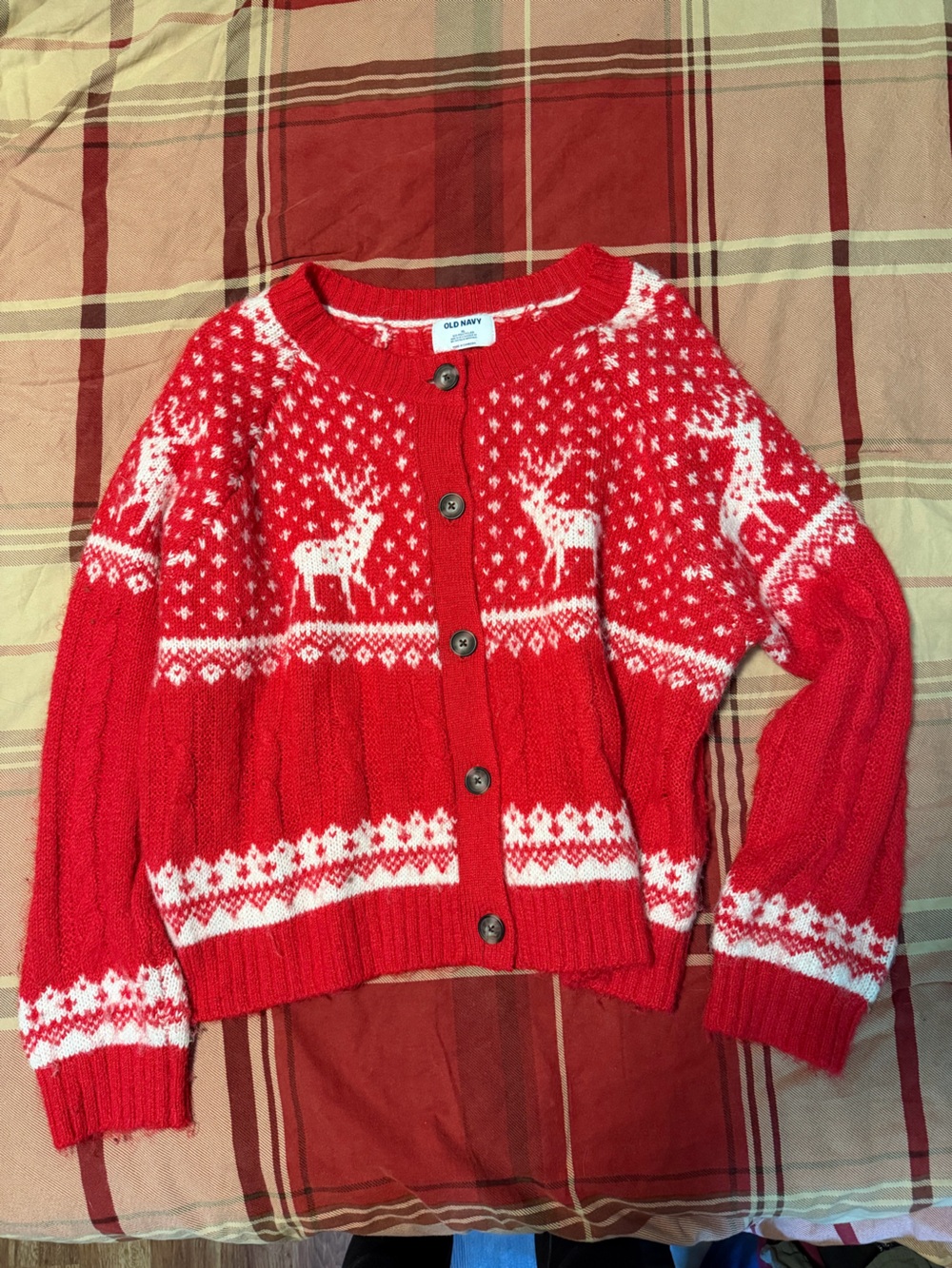 Old Navy Red and White Reindeer Button Cardigan